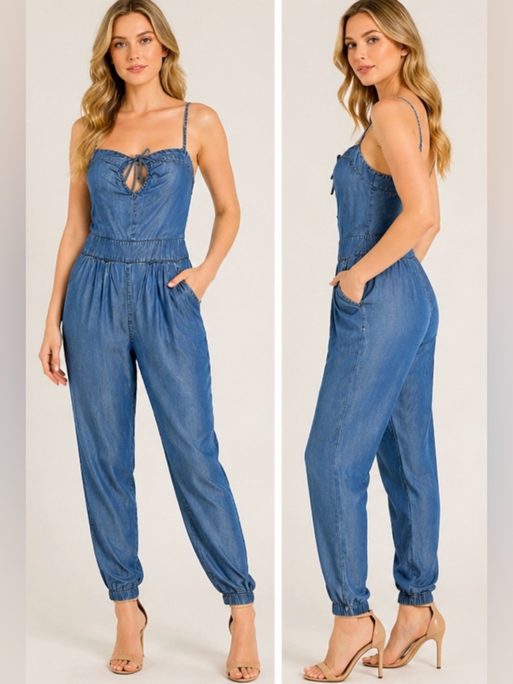 Vintage Bebe Lyocell Denim Jumpsuit Tie Front Fitted Waist Coquette Jean Jumper